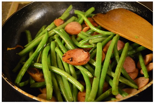 Chinese Cooking Green Beans & Smoked Sausages.