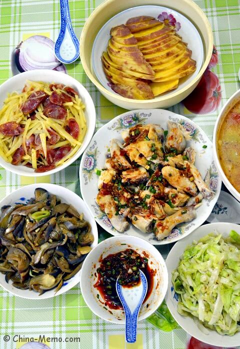 Chinese Lunch with Potato Fried Sausages