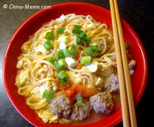 Chinese Egg Tomato Meatball Noodle Soup