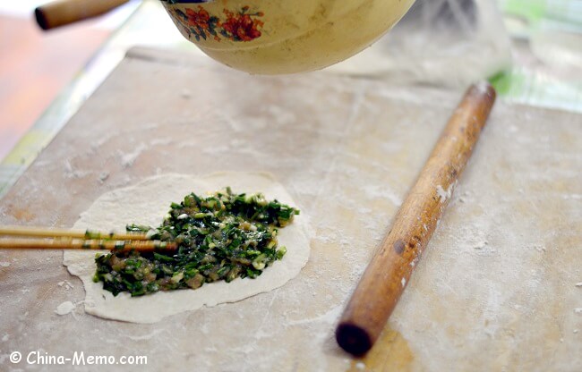 Chinese Breakfast Pork Chive Pancakes in Making