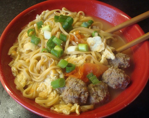 Egg Tomato Meatball Noodle Soup