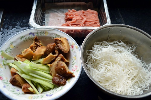 Chinese Pork Mince, Rice noodle and Soaked Mushrooms.